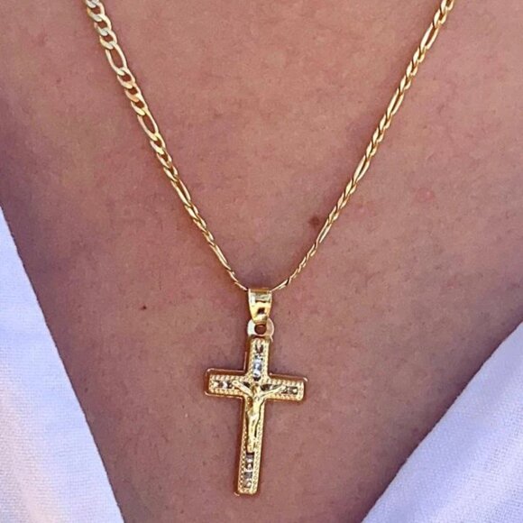 CZ Jesus Cross Necklace Womens Mens Girls Boys Figaro Chain 14" to 20" - Picture 3 of 7